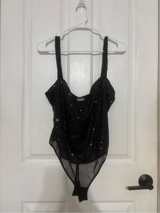 Intimately By Free People Tops - Black Sequin Bodysuit with Sheer Mesh Panels